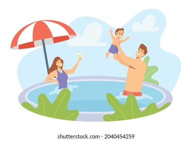 Happy Family Holidays. Young Parents and Little Child Characters Playing in Swimming Pool. Father Splashing with Son, Mother Drink Cocktail. Summer Vacation, Resort. Cartoon People Vector Illustration