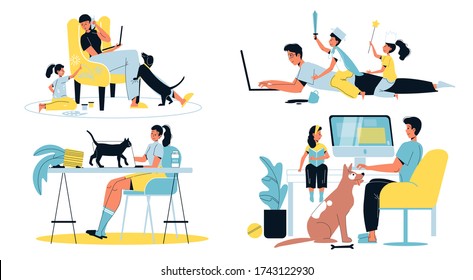 Happy Family Home Activities. Father Mother Engaged In Remote Work On Internet, On Phone. Naughty Children Playing Making Mess. Kid Misbehavior, Domestic Pet. Calm Parents Freelancer. Freelance Job