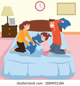 Happy family at home concept: Happy Father, Mother, son and daughter having a pillow fight in bedroom vector illustration