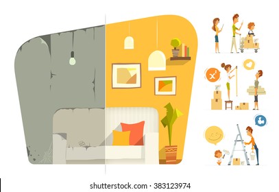 Happy Family Home House Flat  Apartment Room Repair. Before And After. Vector Color Illustration. Isolated On White Background.