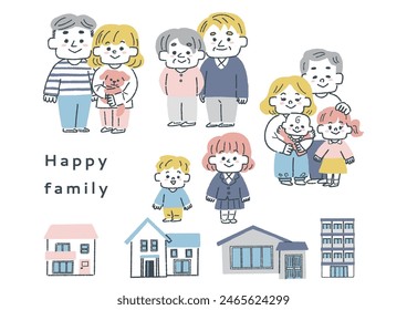 Familia feliz y conjunto de ilustración casera