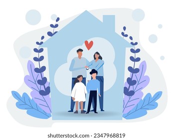 Happy family home insurance service illustration concept perfect for web design, banner, mobile app, landing page, flat design vector.