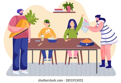 Happy family at home in the kitchen for lunch, dinner or breakfast, mother, father, children and rabbit in a cozy apartment are sitting at the table and feeding a hare with carrot vector illustration