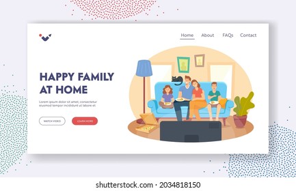 Happy Family At Home Landing Page Template. People Watching TV And Eating Pizza, Kids And Parents Characters Sitting On Couch In Weekend Evening. Sparetime, Day Off. Cartoon Vector Illustration