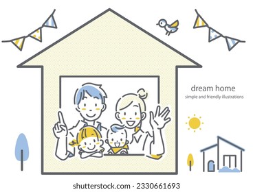 happy family and home, line illustrations