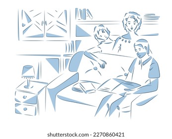 Happy family at home, line monochrome illustration, sofa, father, mother, daughter, interior 