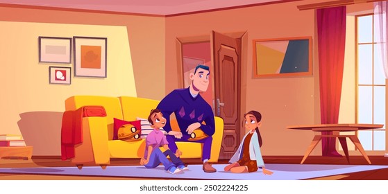 Familia feliz en casa sala de estar sentada en la ilustración del sofá. Niño con padre sala de estar interior juntos en el sofá. Los niños con los padres pasan el tiempo en el salón con la imagen, la ventana y los muebles