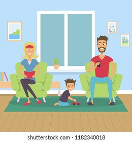 Happy family at home. Mom, dad and son in living room.