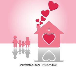 Happy family at home.
Mom and Dad stand hand in hand with boy  girl.
Heart inside home on pink background
