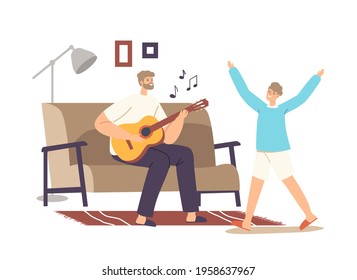 Happy Family Home Party Concept. Father Playing Guitar and Singing Song, Daughter Dance. Parent and Child Characters Weekend Sparetime, Leisure, Rejoice Together. Cartoon People Vector Illustration