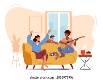 Happy Family Home Party Concept. Moms Girlfriend Playing Guitar and Singing Song, Parent and Child Characters Dance, Weekend Sparetime, Leisure, Rejoice Together. Cartoon People Vector Illustration