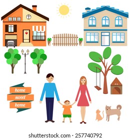 Happy family. Family and home. Set of flat vector design elements 