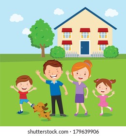 Happy Family. Family And Home. Vector Illustration Of A Cheerful Family Standing In Front Of Their House.