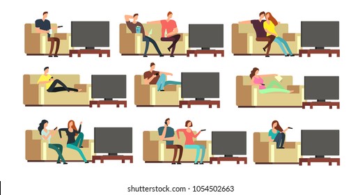 Happy family at home watching tv. Young couple resting on comfortable couch vector set. Couple man and woman on sofa illustration