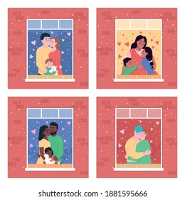 Happy family in home window flat color vector illustration set. Indian mother with children. Gay hugging couple. Smiling 2D cartoon characters with apartment on background collection