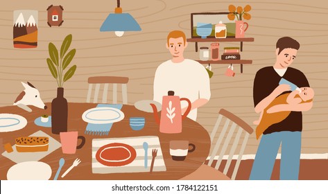 Happy Family Homosexual Couple Cooking Dinner At Wooden Kitchen Together. Gay Parents Doing Housework, Serving Food, Feeding Baby. Home Scene Of Daily Routine, Life. Flat Vector Cartoon Illustration