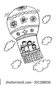 Happy Family In Hot Air Balloon. Hand Drawing Illustration.