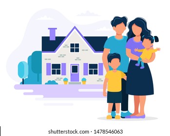 Happy family with house. Concept illustration for mortgage, buying house, real estate. Vector illustration in flat style