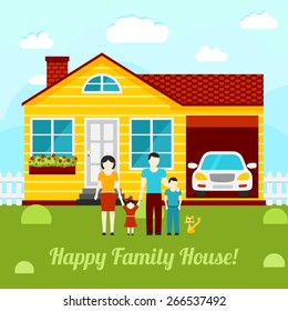 Happy family house concept illustration - couple with two kids, house, garage, car, cat. Vector