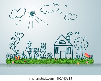 Happy family with house, Creative drawing on green grass field concept ideas, Vector illustration modern design template