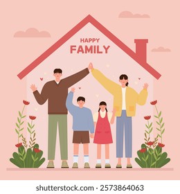 Happy family in the house. Father, mother, son and daughter. Vector illustration