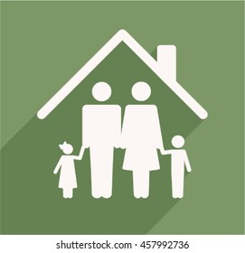 Happy family and house icon, isolated on green background.