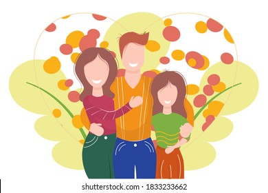 Happy family in a house isolated on a white background. Vector illustration in flat cartoon style. Husband, wife and daughter smile and hug. Caring relatives.