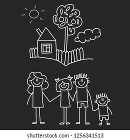 Happy family with house. Kids drawing style vector illustration isolated on blackboard background. Mother, father, sister, brother.