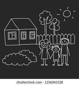Happy family with house. Kids drawing style vector illustration isolated on blackboard background. Mother, father, sister, brother.