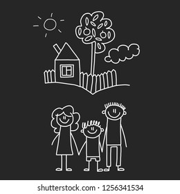 Happy family with house. Kids drawing style vector illustration isolated on blackboard background. Mother, father, sister, brother.