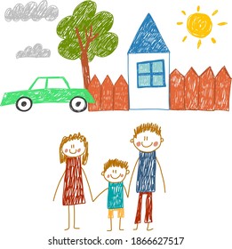 Happy family with house. Kids drawing. Kindergarten children illustration. Mother, father, sister, brother. Parents, childhood.