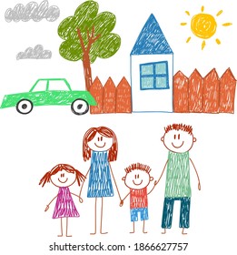 Happy family with house. Kids drawing. Kindergarten children illustration. Mother, father, sister, brother. Parents, childhood.