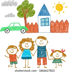 Happy family with house. Kids drawing. Kindergarten children illustration. Mother, father, sister, brother. Parents, childhood.