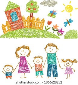 Happy family with house. Kids drawing. Kindergarten children illustration. Mother, father, sister, brother. Parents, childhood.