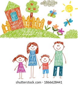 Happy family with house. Kids drawing. Kindergarten children illustration. Mother, father, sister, brother. Parents, childhood.