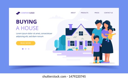 Happy family with house. Landing page template for mortgage, buying a house, real estate concept. Vector illustration in flat style