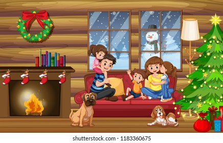 A happy family in the house on christmas illustration