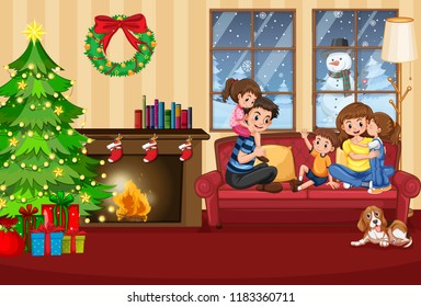 A happy family in the house on christmas illustration