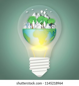 Happy family with house on summer, fresh air in the park in the light bulb as nature, healthy, paper art and craft style concept. vector illustration.