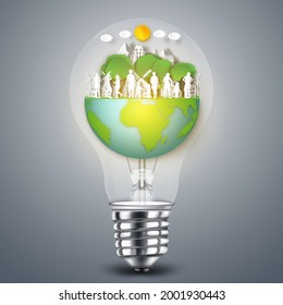 Happy family with house on summer, fresh air in the park in the light bulb as nature, healthy, paper art and craft style concept. vector illustration.