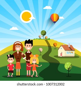 Happy Family with House on Sunny Day on Field - Shutterstock ID 1007312002