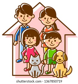 Happy family with house. Parents, children and pets. Vector illustration.
