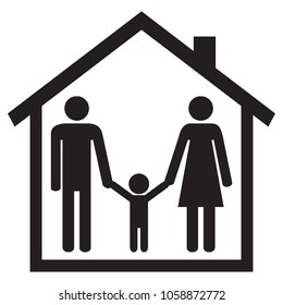 Happy family in a house. Parents and kid at home. Mother, father and son. Icon. Black figures on white background. Vector illustration.