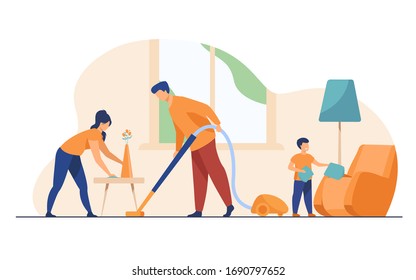 Happy family housekeeping together flat vector illustration. Daughter, mother and father working for household and clean home. Housekeeping and house concept