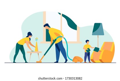 Happy family housekeeping together flat vector illustration. Daughter, mother and father working for household and clean home. Housekeeping and house concept