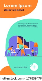 Feliz limpieza familiar junto a la ilustración de un vector plano. Hija, madre y padre trabajando para el hogar y el hogar limpio. Concepto de vivienda y limpieza