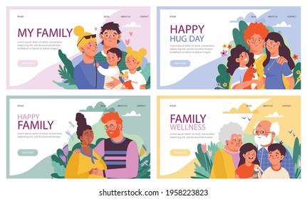 Happy family hug and love each other. Parents together with kids and elderly couple with grandchildren. Vector illustrations. Landing pages templates.
