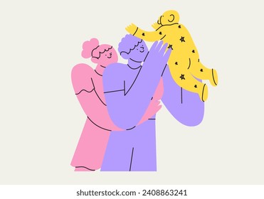 Happy family hug. Parents with cuddle embrace with love, support. Mother, father, newborn baby spend time together. Bonding relationship concept. Flat vector illustration in simple abstract style.