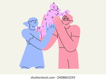 Happy family hug. Parents with cuddle embrace with love, support. Mother, father, newborn baby spend time together. Bonding relationship concept. Flat vector illustration in simple abstract style.