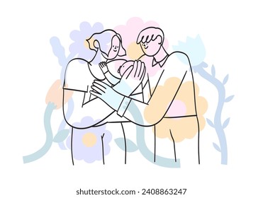 Happy family hug. Parents with cuddle embrace with love, support. Mother, father, newborn baby spend time together. Bonding relationship concept. Flat vector illustration in simple abstract style.